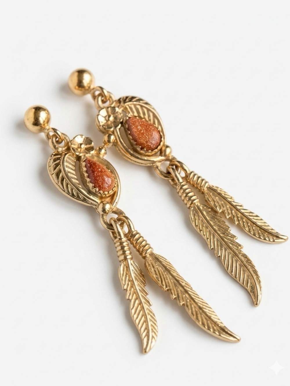 VTG WHEELER Southwestern Style Goldstone Feather Dangle Post Earrings